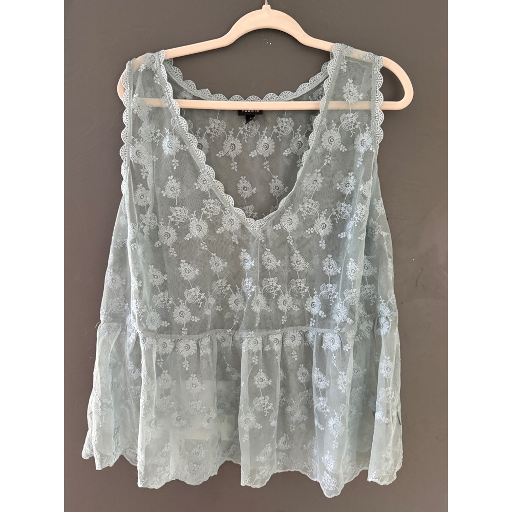 Torrid Womens Sage Green Floral Embroidered Sheer Mesh Babydoll Top Size 1 XL